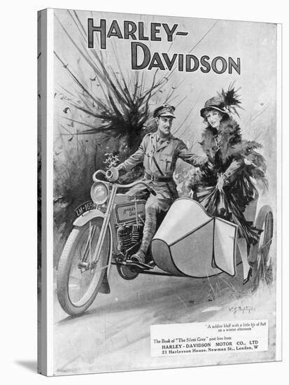 An Advertisement for Harley- Davidson Showing a Soldier Taking His Lady Friend for a Ride-null-Stretched Canvas