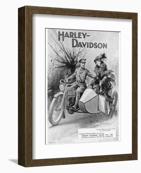 An Advertisement for Harley- Davidson Showing a Soldier Taking His Lady Friend for a Ride-null-Framed Premium Giclee Print