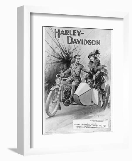 An Advertisement for Harley- Davidson Showing a Soldier Taking His Lady Friend for a Ride-null-Framed Premium Giclee Print