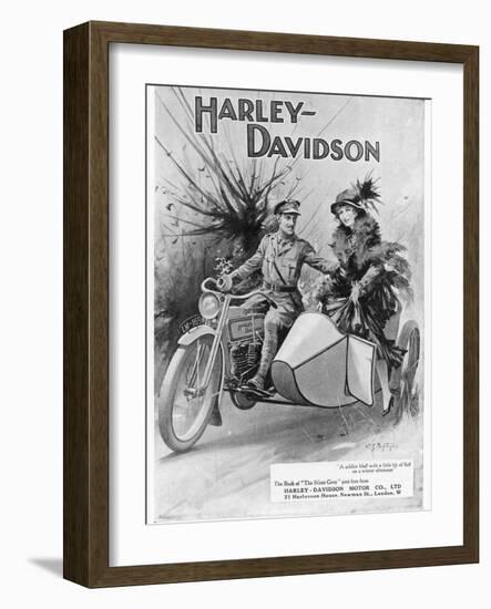 An Advertisement for Harley- Davidson Showing a Soldier Taking His Lady Friend for a Ride-null-Framed Premium Giclee Print