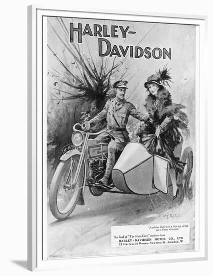 An Advertisement for Harley- Davidson Showing a Soldier Taking His Lady Friend for a Ride-null-Framed Premium Giclee Print