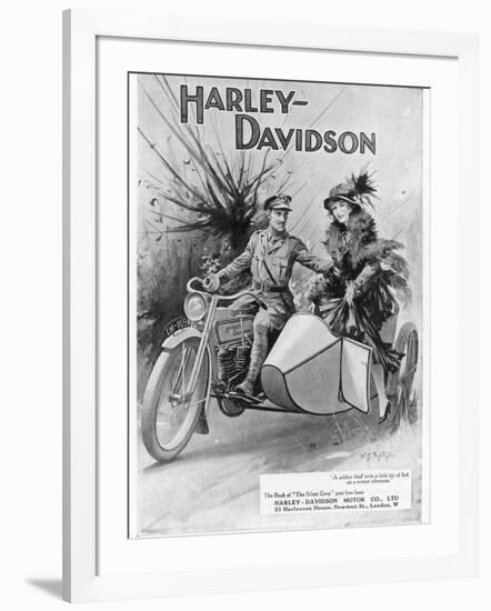 An Advertisement for Harley- Davidson Showing a Soldier Taking His Lady Friend for a Ride-null-Framed Giclee Print