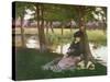 An Afternoon by a River with a King Charles Spaniel-Alexander M. Rossi-Stretched Canvas
