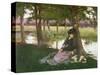 An Afternoon by a River with a King Charles Spaniel-Alexander M. Rossi-Stretched Canvas