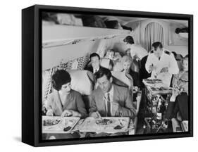 An Airline Steward and Air Hostess Serve a Roast Meal to Flight Passengers-null-Framed Stretched Canvas