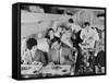 An Airline Steward and Air Hostess Serve a Roast Meal to Flight Passengers-null-Framed Stretched Canvas