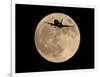 An Airliner is Silhouetted against a Full Moon-null-Framed Photographic Print