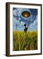 An Alien Being Directing a Ufo in Making Crop Circles-null-Framed Art Print