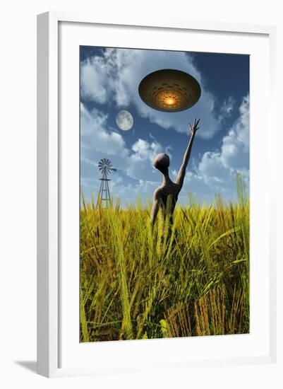 An Alien Being Directing a Ufo in Making Crop Circles-null-Framed Art Print