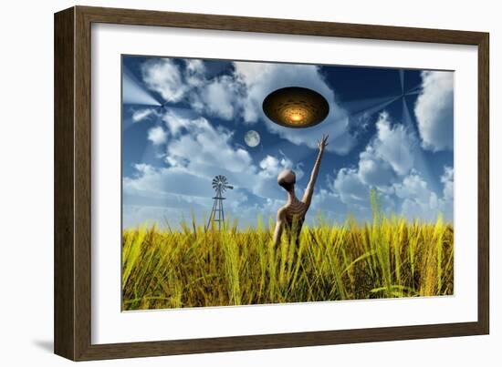 An Alien Being Directing its Spacecraft to Make Crop Circles-null-Framed Art Print