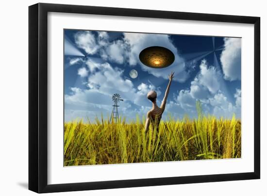 An Alien Being Directing its Spacecraft to Make Crop Circles-null-Framed Art Print