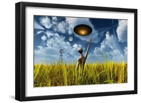 An Alien Being Directing its Spacecraft to Make Crop Circles-null-Framed Art Print