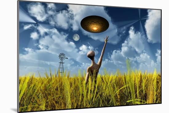 An Alien Being Directing its Spacecraft to Make Crop Circles-null-Mounted Art Print