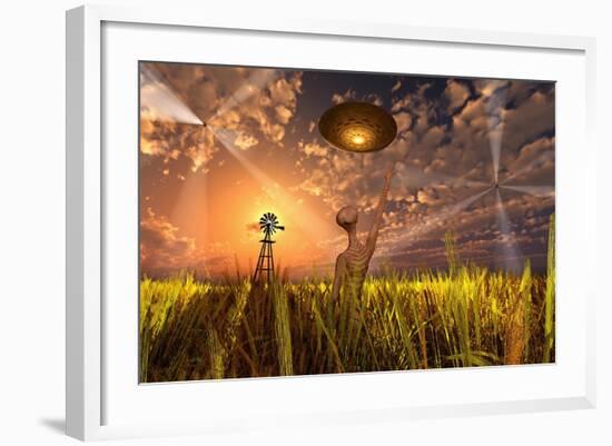 An Alien Being Directing its Spacecraft to Make Crop Circles-null-Framed Art Print