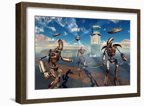 An Alien Being with Giant Robots at the Area 51 Top Secret Base in Roswell-null-Framed Art Print