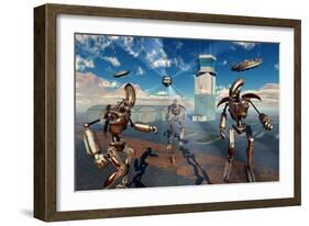 An Alien Being with Giant Robots at the Area 51 Top Secret Base in Roswell-null-Framed Art Print