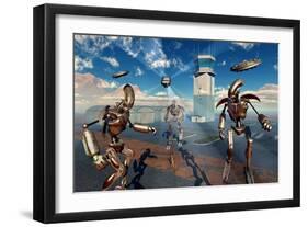 An Alien Being with Giant Robots at the Area 51 Top Secret Base in Roswell-null-Framed Art Print