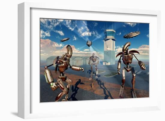 An Alien Being with Giant Robots at the Area 51 Top Secret Base in Roswell-null-Framed Art Print