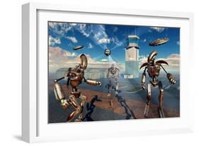 An Alien Being with Giant Robots at the Area 51 Top Secret Base in Roswell-null-Framed Art Print