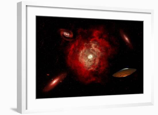 An Alien Flying Saucer Traveling Through the Vastness of Outer Space-null-Framed Art Print