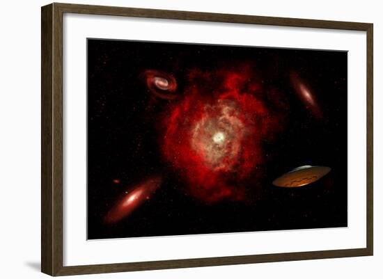 An Alien Flying Saucer Traveling Through the Vastness of Outer Space-null-Framed Art Print