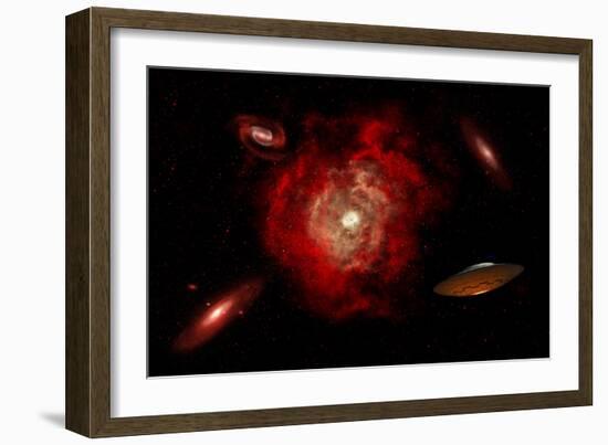 An Alien Flying Saucer Traveling Through the Vastness of Outer Space-null-Framed Art Print