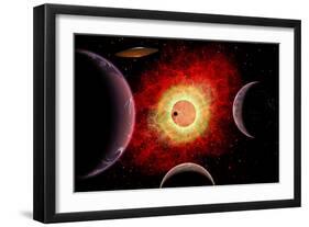 An Alien Flying Saucer Travels Amongst Alien Worlds-null-Framed Art Print