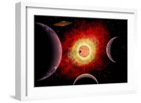 An Alien Flying Saucer Travels Amongst Alien Worlds-null-Framed Art Print