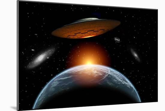 An Alien Flying Saucer Visiting the Earth-null-Mounted Art Print