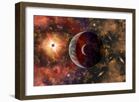 An Alien Planet and its Moon in Orbit around a Red Giant Star-null-Framed Art Print