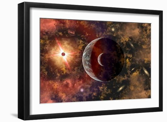 An Alien Planet and its Moon in Orbit around a Red Giant Star-null-Framed Art Print