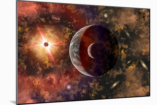 An Alien Planet and its Moon in Orbit around a Red Giant Star-null-Mounted Art Print