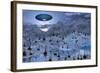 An Alien Reptoid Being Signaling a Flying Saucer on its Home Planet-null-Framed Art Print