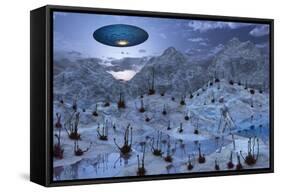 An Alien Reptoid Being Signaling a Flying Saucer on its Home Planet-null-Framed Stretched Canvas