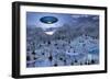 An Alien Reptoid Being Signaling a Flying Saucer on its Home Planet-null-Framed Premium Giclee Print