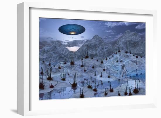 An Alien Reptoid Being Signaling a Flying Saucer on its Home Planet-null-Framed Art Print