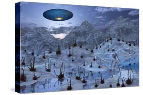 An Alien Reptoid Being Signaling a Flying Saucer on its Home Planet-null-Stretched Canvas