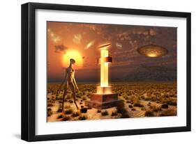 An Alien Returning to the Famous Crash Site in Roswell, New Mexico-null-Framed Art Print