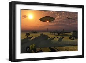 An Alien Ufo Flying Low over an American Airbase-null-Framed Art Print