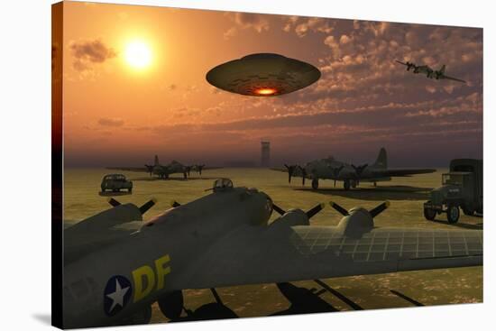 An Alien Ufo Flying Low over an American Airbase-null-Stretched Canvas