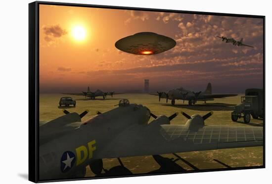 An Alien Ufo Flying Low over an American Airbase-null-Framed Stretched Canvas