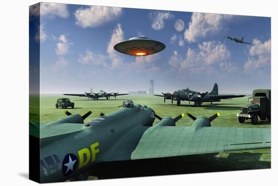 An Alien Ufo Flying Low over an American Airbase-null-Stretched Canvas