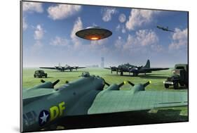 An Alien Ufo Flying Low over an American Airbase-null-Mounted Art Print