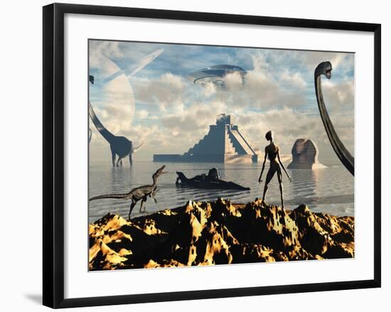 An Alien World Where Reptoid Beings Co-Exist with Dinosaurs-Stocktrek Images-Framed Photographic Print