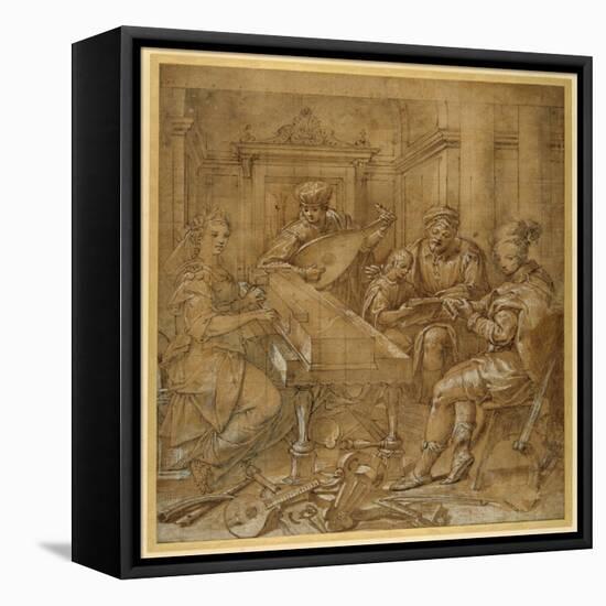 An Allegory of Music: Fame at the Virginals; Two Young Lutenists Seated; a Bearded Elder Teaches…-Lavinia Fontana-Framed Stretched Canvas