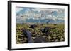 An Allosaurus Attacking a Herd of Camptosaurus Dinosaurs-null-Framed Art Print