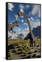 An Allosaurus Dinosaur Confronts a Pair of Diplodocus Dinosaurs-null-Framed Stretched Canvas