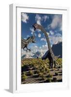 An Allosaurus Dinosaur Confronts a Pair of Diplodocus Dinosaurs-null-Framed Art Print