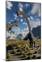 An Allosaurus Dinosaur Confronts a Pair of Diplodocus Dinosaurs-null-Mounted Art Print