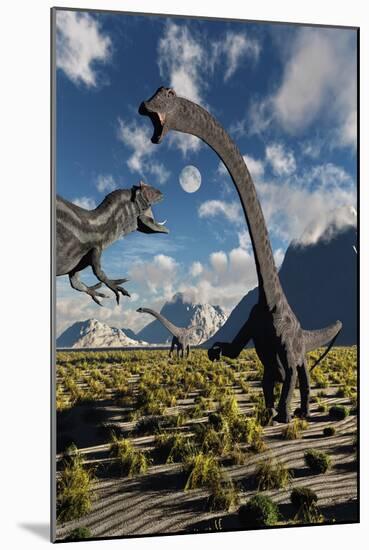 An Allosaurus Dinosaur Confronts a Pair of Diplodocus Dinosaurs-null-Mounted Art Print